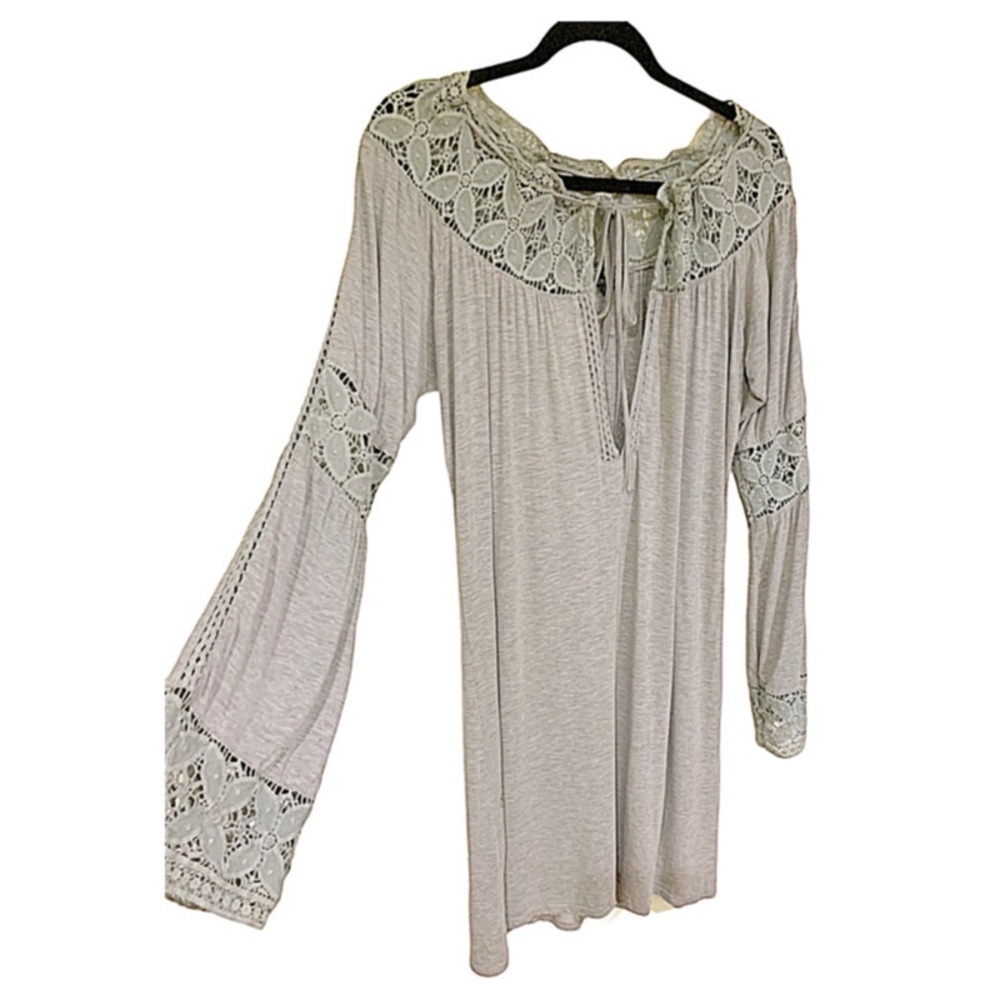 POL Crochet Yoke Tunic Dress in Light Beige